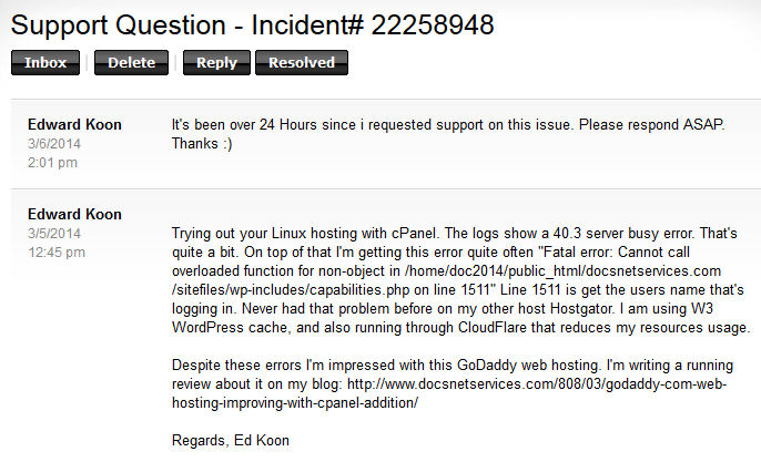GoDaddy.com support Incident 22258948