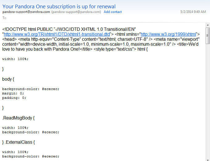 Unreadable Renewal Message From Pandora One.