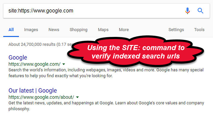 Site Command Find Indexed URLS