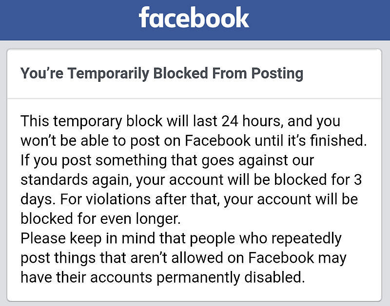 Facebook Posting Suspension Notification