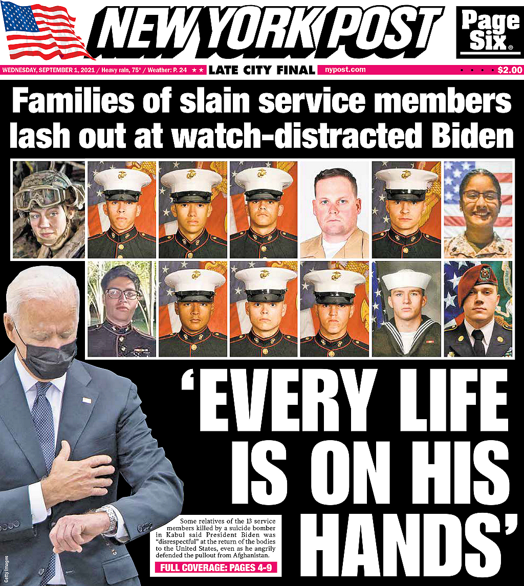 New York Post Cover 09/01/2021. Joe Biden, Every Life Is On His Hands!