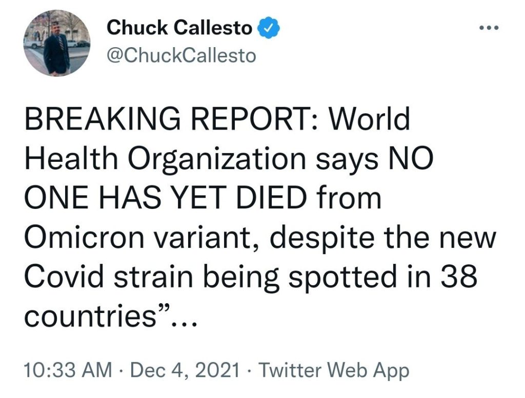 World Health Organization says no deaths reported Omicron variant. Image credit Chuck Callesto/Twitter.